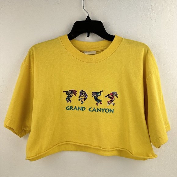 Vtg Fred Harvey Grand Canyon Kokopelli Yellow‎ Cut Off Cropped L Embroidered - Picture 1 of 7